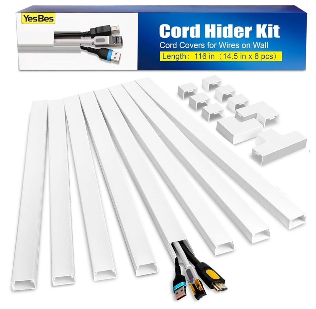 116in Cord Hider Kit, Cord Covers for Wires on Wall, Paintable Cable Raceway, Cord Hider for Wall Mount tv, tv Cable Hider Wall kit, Wire Covers for Cords, W0.96in X H0.57in, White