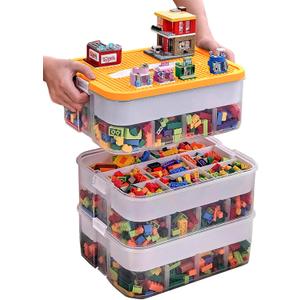 Kids Toy Organizer for Lego Stackable Storage Compartments Bins With Base Plates Lids 3 Tiers Clear Building Bricks Board Game Puzzle Boxes Plastic Craft Sorting Separator Travel Chest Case (Yellow - Three tiers)