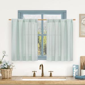 LAMIT Linen Curtains 30 Inch Length 2 Panels for Kitchen/Cafe, Light Filtering Linen Textured Panels Rod Pocket Boho Short Camper Drapes for RV Basement/Small Windows, 42 x 30 Inch, Light Blue