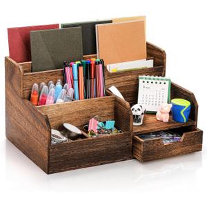 Brown Wooden Mail Organizer, Desk Organizer with 7 Compartments and Drawer, Rustic Mail Sorter with Pen Holder, Tabletop Mail Basket, Office Accessories Holder for Pen File Letter Document