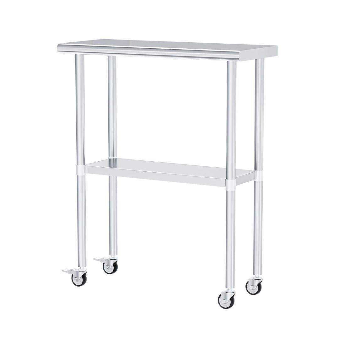 Stainless Steel Table with Wheels 14 x 30 Inches Metal Prep Table with Adjustable Undershelf & Casters for Commercial Kitchen, Outdoor, Restaurant, Hotel & Garage