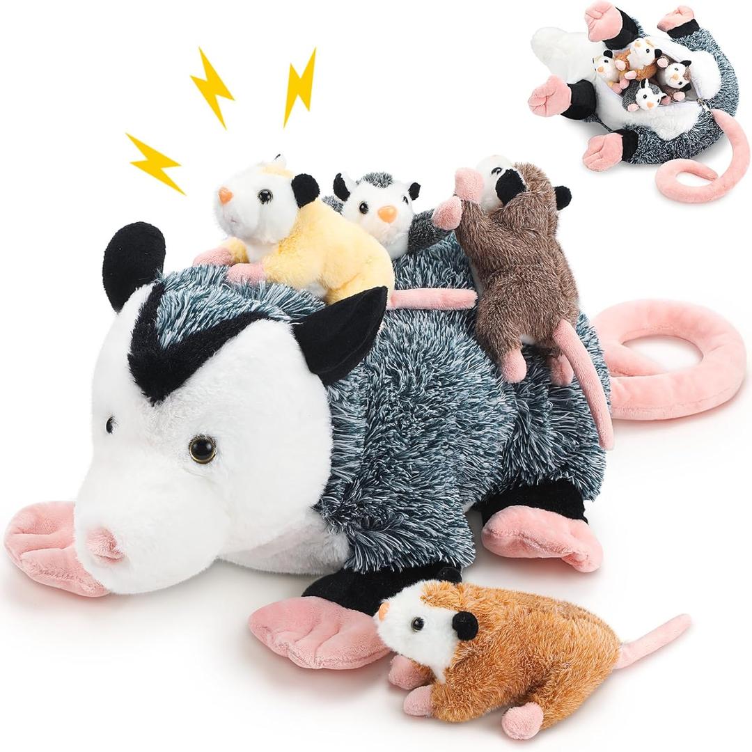 5 Pcs Stuffed Opossum Mommy Possum Plush with 4 Baby Opossums Stuffed Toy on Her Back, Magnetic Attraction Cotton Plush Animal Toy Gift for Boys Girls Possum Lover(Classic)