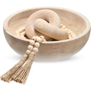 Novabright Farmhouse Wooden Decoration Set, Wooden Handmade Bowl, Chain, Beads, Suitable for Home, Bohemian, Coffee Table, Bedroom, Bathroom (White)