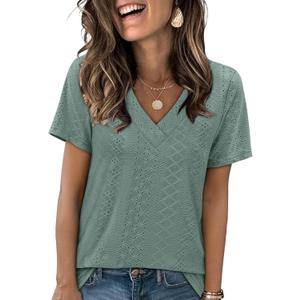 SAMPEEL Women's Eyelet Crossed V Neck Short Sleeve T-Shirt, S