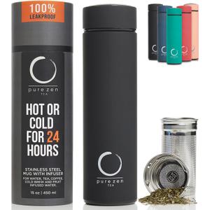 Pure Zen Tea Thermos with Infuser for Hot and Cold Infusions, Coffee and Fruit-Infused Water - Stainless Steel - Tea Infuser Bottle - Leakproof Travel Mug with Filter - 15oz - Black