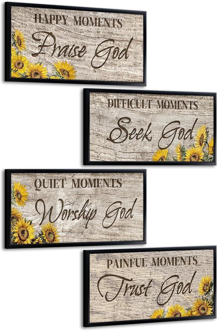KREATIVE ARTS Praise God, Seek God, Worship God, Trust God Prayer Quote Wall Art Set of 4 Each 8x16 Canvas Prints with Black Frame Religious Motivational Christian Quotes Bible Verse Decor