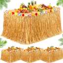 Fovths 4 Pack Luau Grass Table Skirt 9 Feet x 29.5 Inch Hawaiian Grass Table Skirt with Flowers Natural Hawaiian Party Decorations for Luau Birthday Summer Beach Party Supplies, Dark Straw Yellow