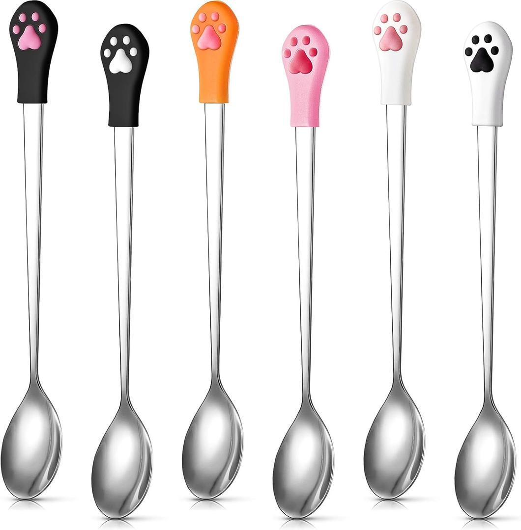 Patelai 6 Pieces Dog Can Spoon Stainless Steel Pet Dog Food Spoon with 7 Inch Long Handle Cat Canned Food Scoop with Cute Cat Claw Pattern for Pet