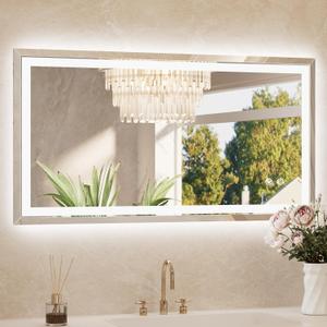 TETOTE Led Bathroom Mirror 40 x 24 Inch, Beveled Lighted Bathroom Vanity Frameless Mirror with Extra-Bright Lights, Frontlit & Backlit, Defogging, 3-Color Dimmable, Tempered Glass, Waterproof