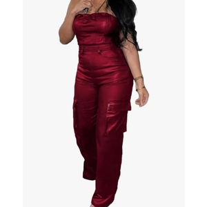 Womens PU Leather Jumpsuit Sexy Off the Shoulder Top Tight Waist Cargo Pants Bodysuit Size L