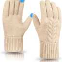 Winter Gloves Women Warm Thin Fleece Thermal Knit Elastic Touch Screen Gloves for Cold Weather Gifts Folding Cuffs (Beige) (Beige)