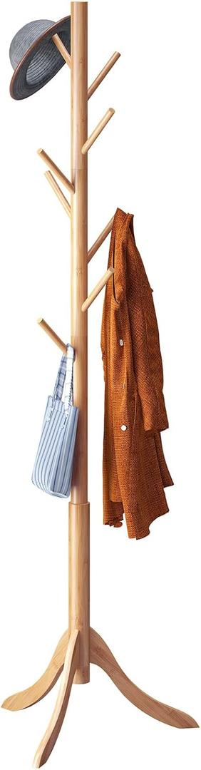 Coat Rack Freestanding, Coat Stands Entryway, Bamboo Coat Rack Hat Hanger 8 Hook for Jacket, Purse, Scarf Rack, Umbrella Tree Stand (Natural)