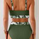 Herseas Women's Textured Bikini Sets Floral Print Trim Scoop Neck Swimsuits High Waisted Bathing Suits (Green, M)