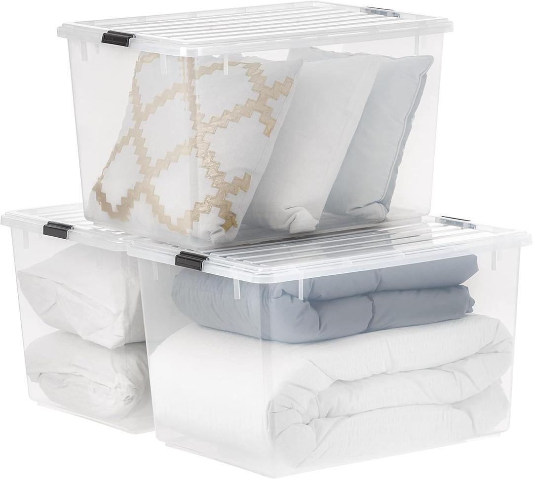 IRIS USA 144 Qt Stackable Plastic Storage Bins with Lids, 3 Pack - BPA-Free, See-Through Organizing Solution, Latches, Durable Nestable Containers, Secure Pull Handle, Made in USA - Clear (144 Qt. - 3 Pack)