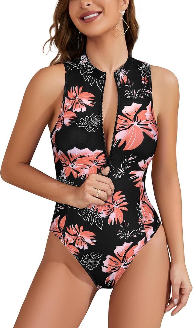 SHEKINI Women's Sporty One Piece Bathing Suits High Neck Rash Guard Leotards Zipper Swimsuit (Large, Black Print)