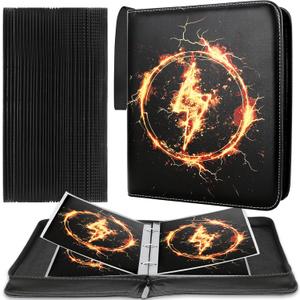 Jumbo Card Binder Compatible with Pokemon XL Jumbo Cards, 100 Pockets Zip Trading Card Binder, QUBAMG Oversized 5.7"7.9" Card Holders Storage, 3-Ring PU Collector Album Card Folder, Lightning Black