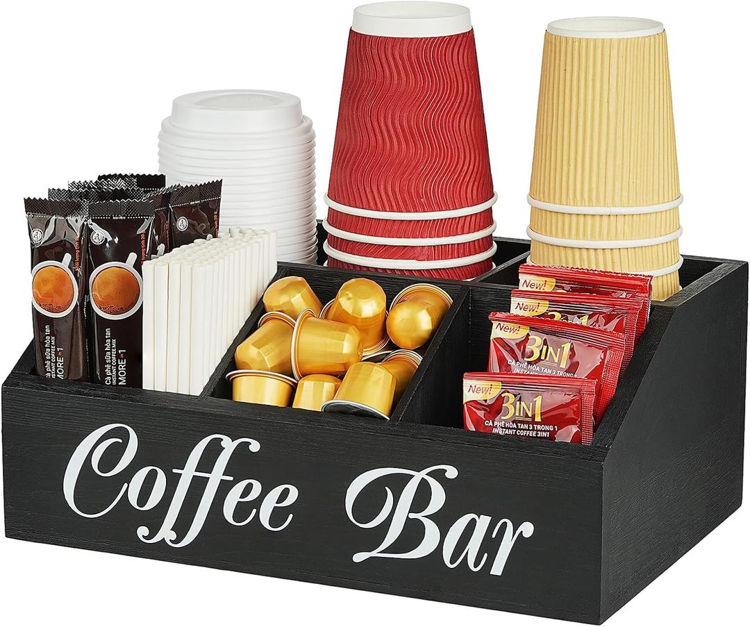 Coffee Bar Organzier, 5 Compartment Wood Countertop Storage Holder for Cups Lids Pods Syrups, Coffee Station Accessories Tea Storage Basket Condiment Organizer
