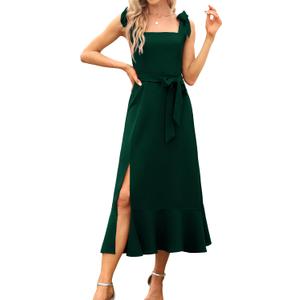 Women's Elegant Bridesmaid Dresses Square Neck Ruffle Split Midi Formal Dress for Wedding Guest Cocktail Party (Emerald Green)