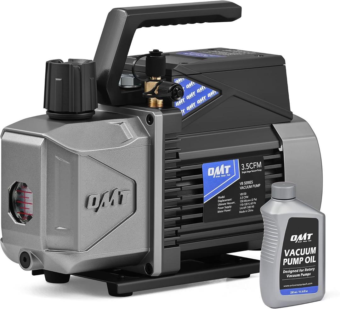 Orion Motor Tech A2L Vacuum Pump, 3.5 cfm 1/4 hp Single Stage Sparkless Ignition Proof Vacuum Pump for R1234yf R32 R134a R22 R410A with 15 Micron Ultimate Vacuum, Auto HVAC Vacuum Pump