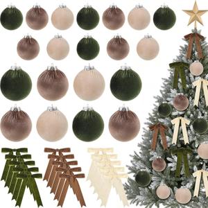 Riceshoot 44 Pcs Velvet Christmas Tree Ornaments Set Include 20 Christmas Balls and 24 Vintage Bows Multicolor Hanging Xmas Tree Ornaments Holiday Party Decorations(Green,Brown,Neutral)