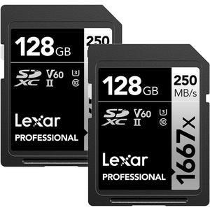 Lexar 128GB (2-Pack) Professional 1667x SD Card, UHS-II, C10, U3, V60, Full HD, 4K, Up To 250MB/s Read SDXC Memory Card, for Professional Photographer, Videographer, Enthusiast (LSD128CBNA16672)