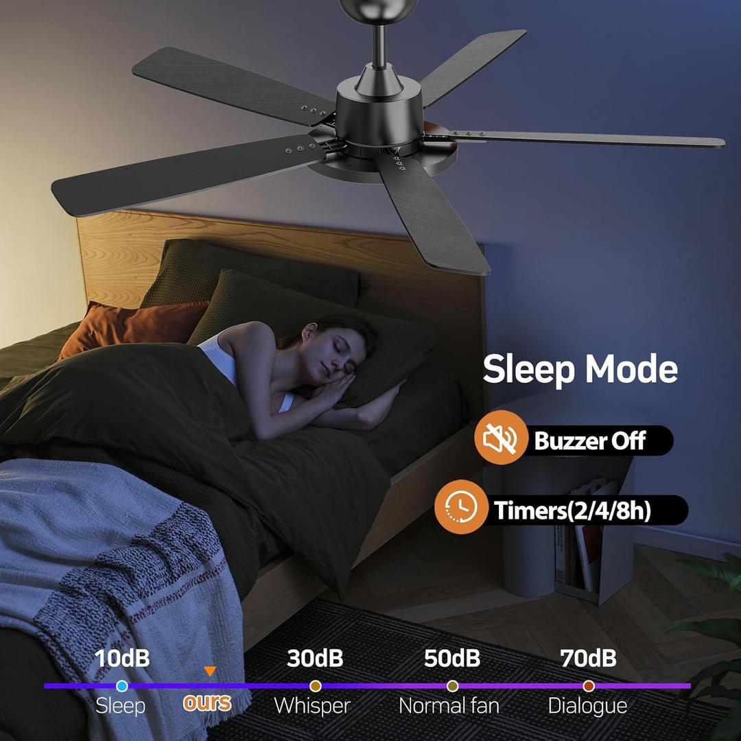 TALOYA 52 Inch Black Ceiling Fans with Lights Led Remote Control Flush Mount Low Profile for Bedroom Living Dining Room Outdoor Farmhouse Patio,Reversible,DC Motor,Diammable,Buzzer ON/Off,5 Blades