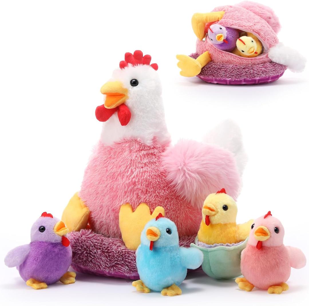 Skylety 6 Pcs Chicken Stuffed Animal with Baby Chicks Inside Chicken Plush Toy for Kids Stuffed Animal Egg Laying Hen with Zippered Belly Farm Plushie for Birthday Gift(Chic Style)