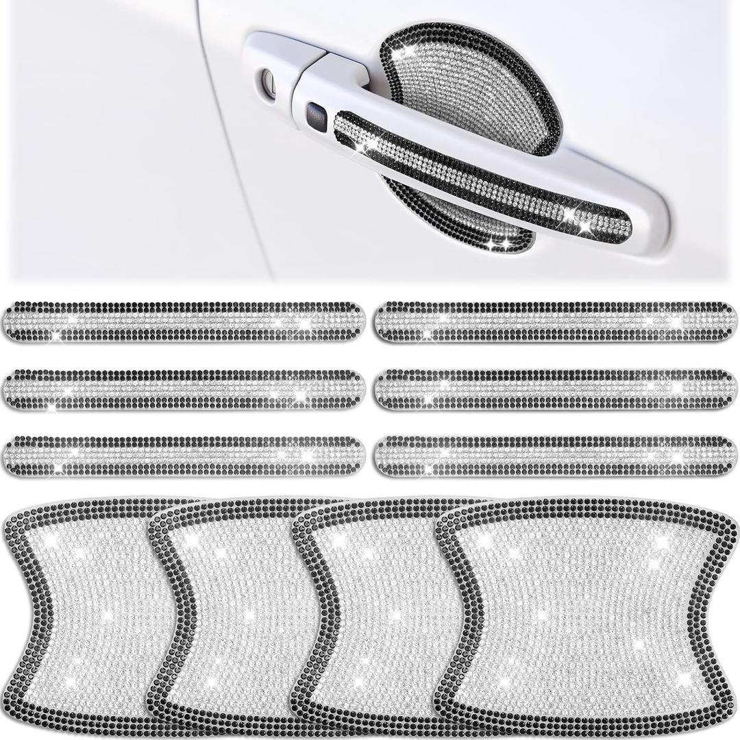 Frienda 10 Pieces Bling Car Accessories for Women Bling Car Door Handle Protector Door Handle Covers for Car Rhinestone Car Bowl Protector Accessories Women Stickers(Black White)