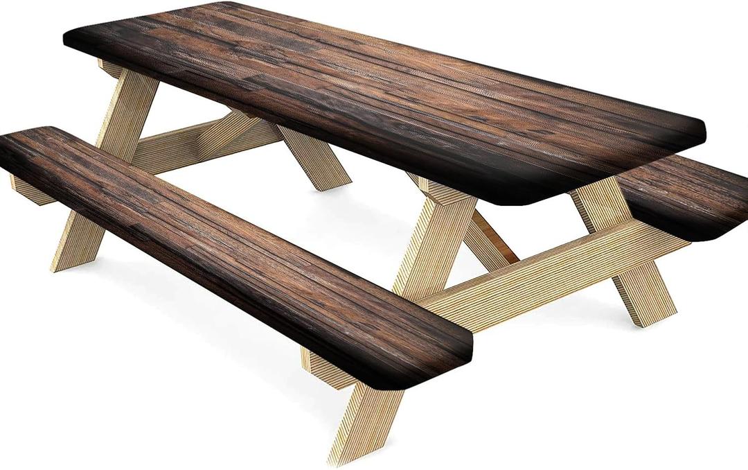 Rustic Brown Hardwood Elastic Fitted Tablecloth and Seat Covers, Rough Chocolate Dark Timber Rectangle Tablecloths, 3 Pieces Set, Wood Texture Table Cloths for Outdoor Party Camping Use, 72x28 Inch