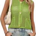 Saodimallsu Womens Crochet Sweater Vest Button Down Sleeveless Crew Neck Boho Knit Crop Tank Tops Summer Cardigans (Green, M)
