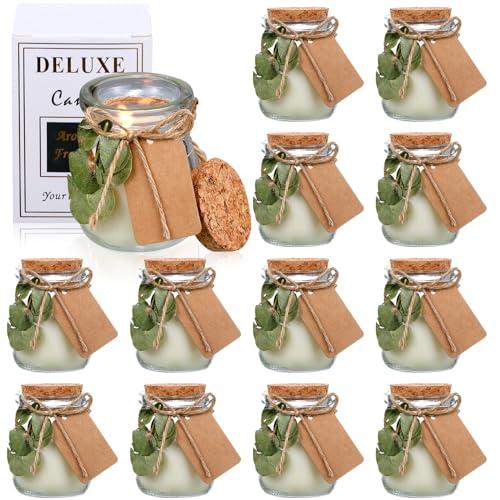 MTLEE Wedding Candle for Guests Gifts Glass Candle Jars Bulk Scented Soy Wax with DIY Tag Cards for Bridesmaid Groomsman Bridal Shower Housewarming Party Favors(Leaves,Green,12 Sets)