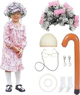 Aoiviss Old Lady Costume for Kids Girls 100th Day of School Costume Halloween Grandma Dress up Cosplay Accessories, 5
