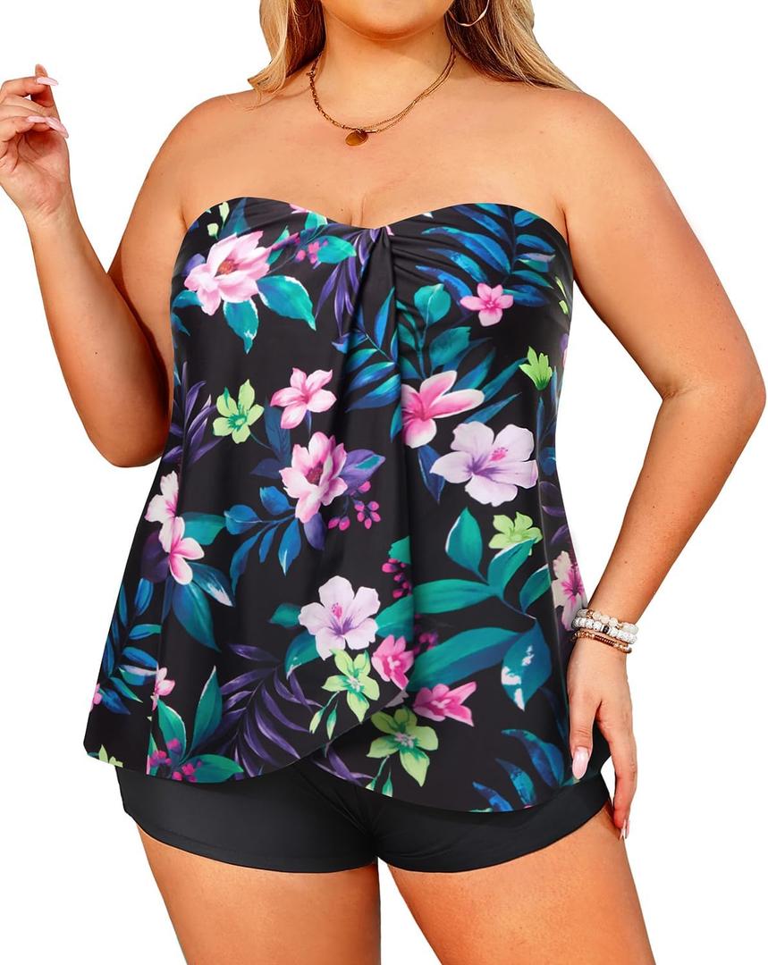 Daci Plus Size Bandeau Tankini Swimsuit for Women 2 Piece Halter Swim Top with Shorts Tummy Control Bathing Suits (Floral, 20 Plus)