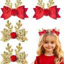 4 Pcs Christmas Hair Clips Xmas Bow Hair Accessories Cute Reindeer Antlers Glitter Sequins Holiday Hairpin Barrettes