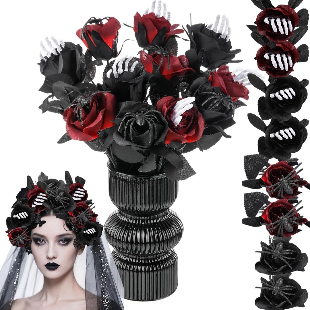 12 Pcs Halloween Artificial Roses Bouquet Long Stem Faux Red and Black Roses Bundles Fake Flowers with Skeleton Spider Halloween Floral Picks for Vase Arrangements Table Decorations