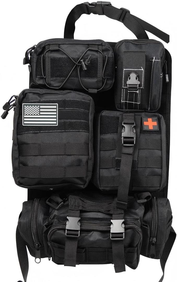 Car Seat Backrest Organizer with 5 Removable Molle Medical, Phone and Executive Organizers Tactical moll car panel organizer for cars, trucks, Ford Jeeps, Black