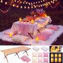 Tigeen 17 Pcs Boho Picnic Set up with Table, Blanket, Pink and White, 70.87" x 102.36"