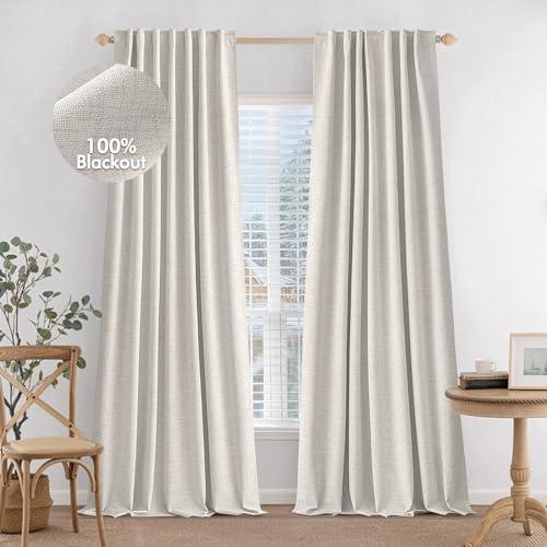MIULEE 100% Blackout Curtains 50x75" inches Long Linen Blackout Curtains for Bedroom Back Tab Living Room Darkening Black Out Window Drapes Thermal Insulated Rod Pocket, Beige, 2 Panels Set