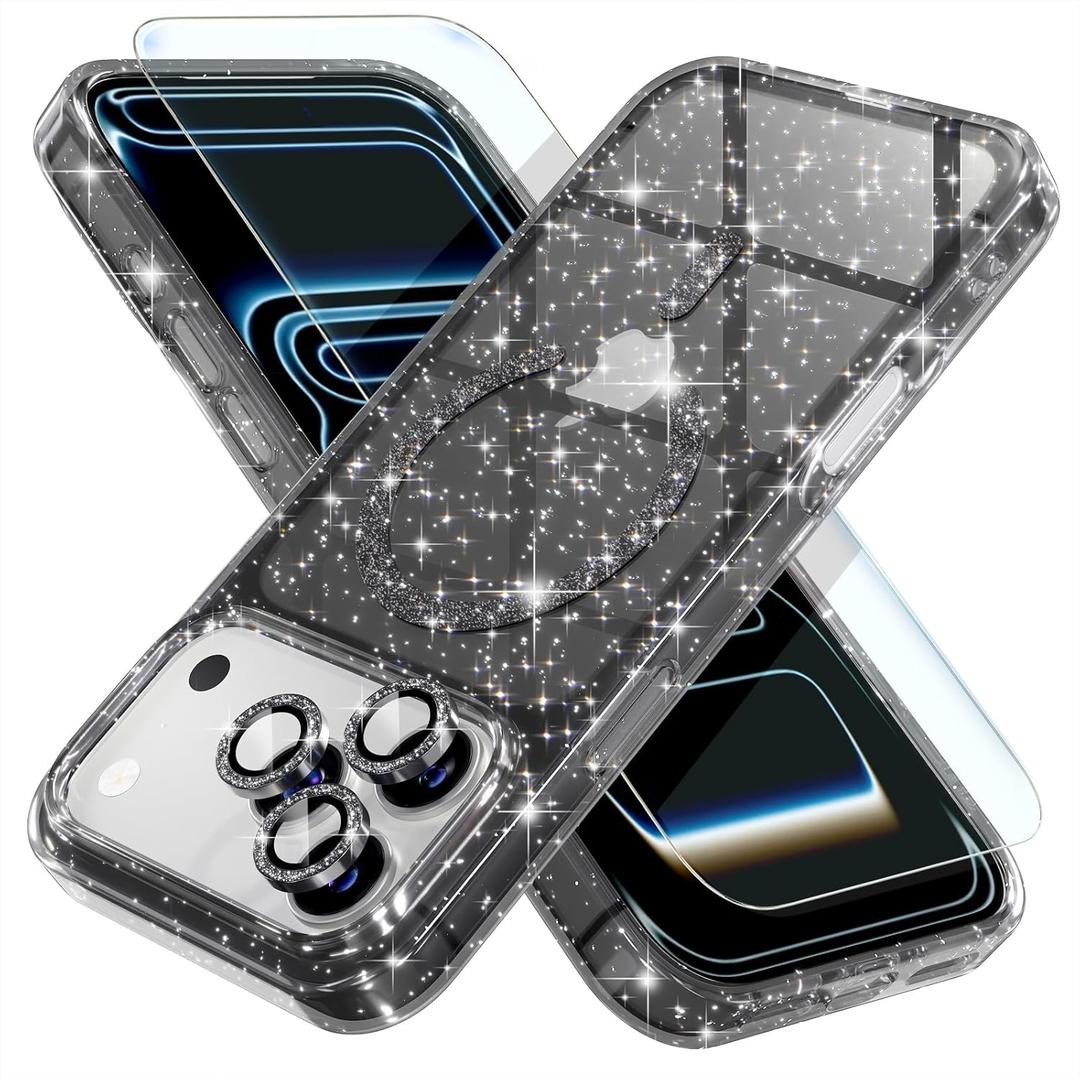 Choiche Magnetic for iPhone 17 Pro Max Case Women Phone Case, Compatible with Mag-Safe, Cute Bling Sparkly, Military Grade Drop Protection, with Diamond Camera Lens Covers, 6.9-inch, Glitter Black