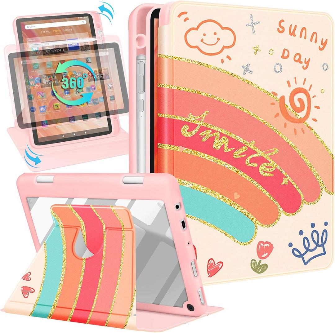 Kidcube for Kindle Fire HD 10/10 Plus Tablet Case - 13th/11th Generation (2023/2021) 10.1" Women Girls Cute Rainbow Pretty Design Rotating Stand Pencil Holder Folio Cases for Amazon Fire HD 10/10 Plus (7-Rainbow Sun)