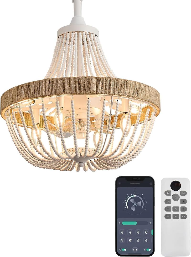 20 Rustic Beaded Chandelier Ceiling Fan with Lights, Remote & App Control, 6 Speed, 8-Lights Boho Fandelier, for Bedroom, Dining Room (Minimalist White), 20 IN, Wood Bead