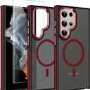 AIGOMARA Magnetic for Samsung Galaxy S22 Ultra Case, [Compatible with Magsafe] [Military-Grade Protection] Slim Shockproof Translucent Matte Protective Case for Galaxy S22 Ultra 6.8 Inch, Black/Red