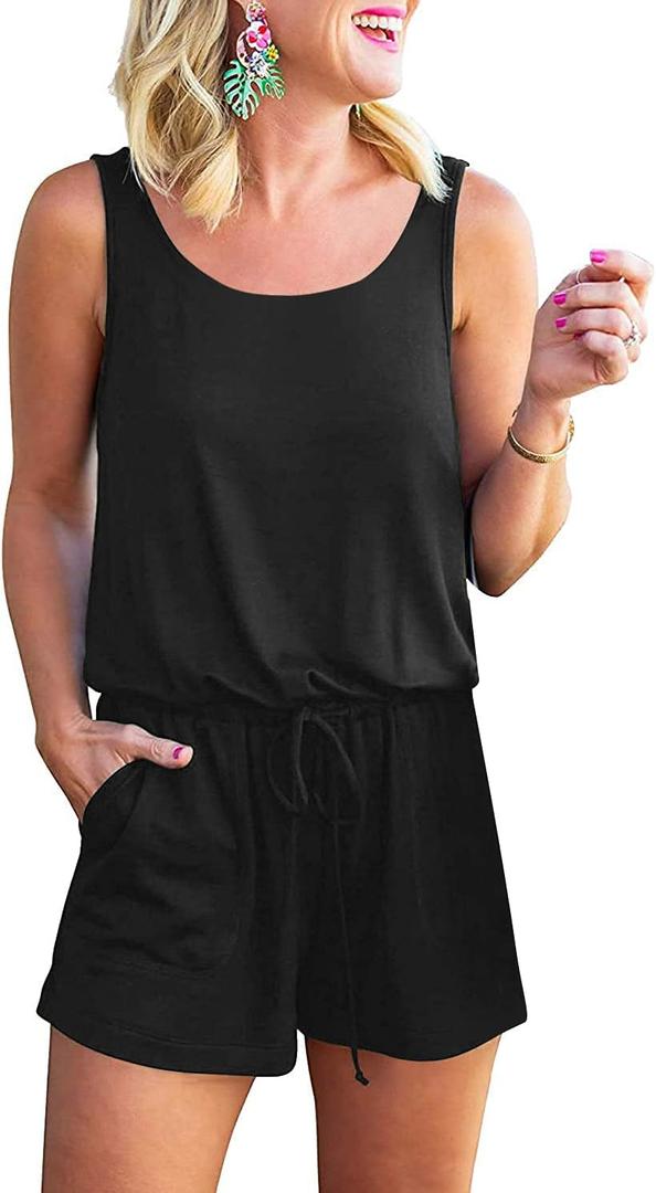 RAISEVERN Womens Rompers Summer Short Jumpsuits Casual Scoop Neck Sleeveless Romper with Pockets (Black, L)