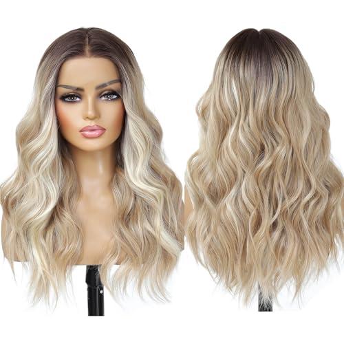 LuxeMelan Ash Blonde Balayage Blonde Lace Front Wig, Middle Part 20 Inch HD Lace Wig, Dark Brown to Golden Blonde Highlight M Hairline Natural Fit Natural Wavy Ombre Synthetic Heat Resistant Fiber