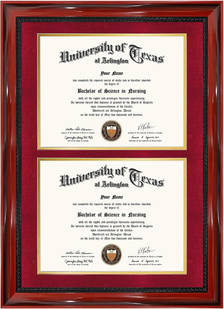 GMFrames Double 8.5x11 Diploma Certificate Frame, Solid Wood & Tempered Glass, Cherry Lacquer Finish & Intricate Rope Detail, Red over Gold Mat