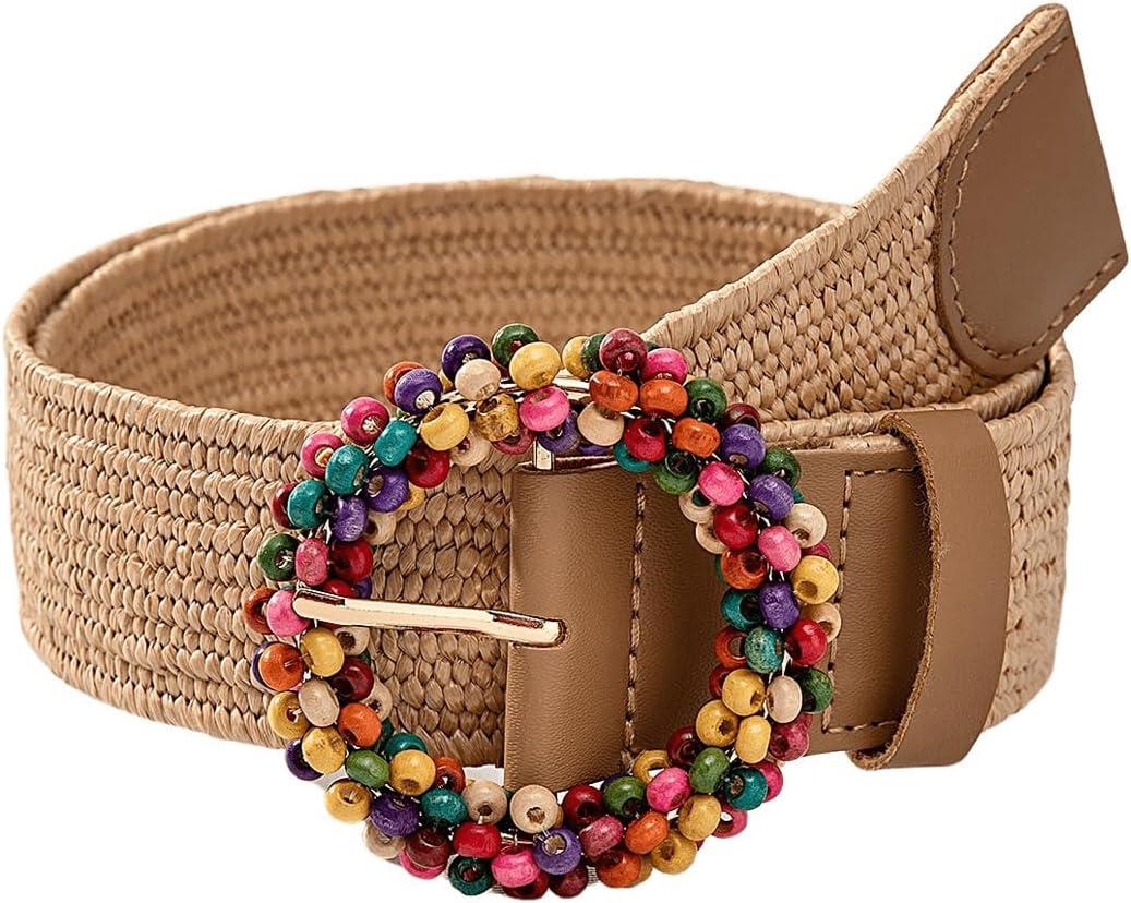 Verdusa Women's Western Belt Cowgirl Boho Straw Belts Round Buckle Elastic Waist Belt (Beige)
