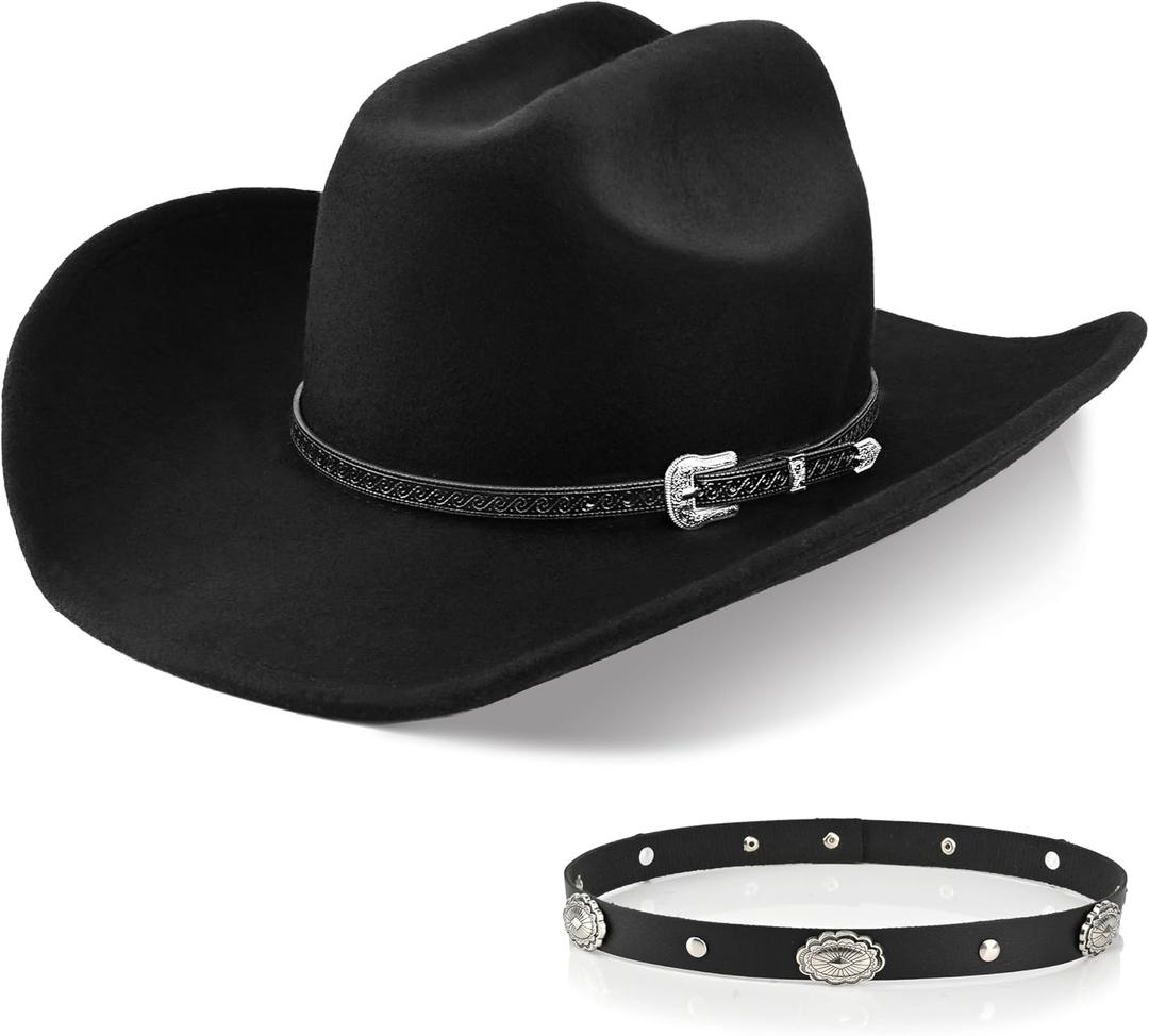 100% Wool Western Cowboy Hat for Men Women Classic Fedora Hat Felt Cowgirls Hats with Two Decorative Bands (Large-X-Large)