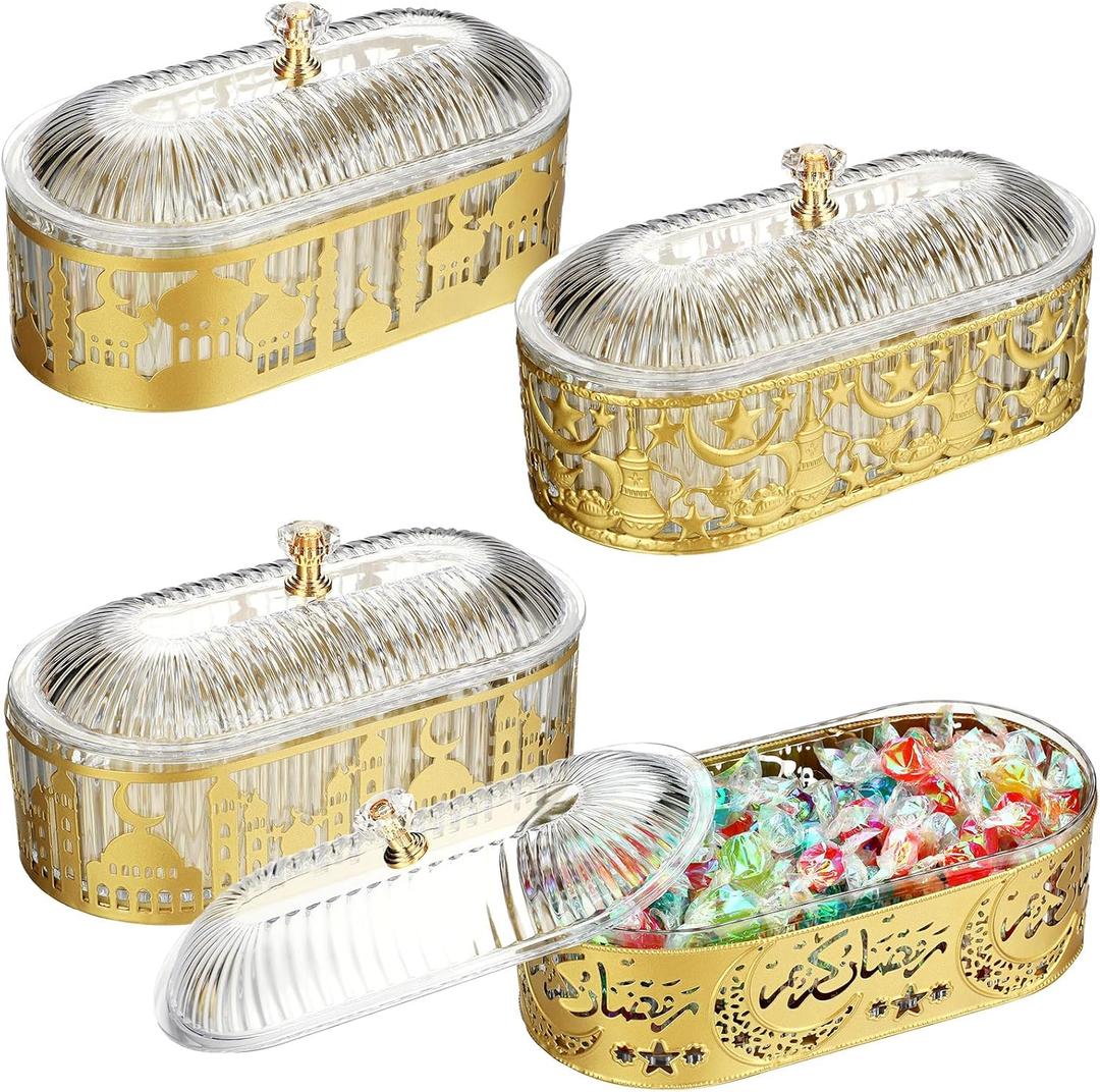 Otoolling 4 Pcs Ramadan Trays with Lid Gold Eid Mubarak Tray Plates Ramadan Moon Candy Dish Table Decorations Food Serving Tray Islam Muslim Al-fitr Cookie Storage Container for Eid Party Supplies