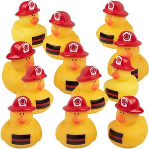 Fun Express Firefighter Rubber Ducks 12 Pack - Mini Rubber Duckies Bulk Party Favors for Kids | Fire Truck Birthday Decorations & Fireman Theme Prizes | Treasure Box Toys for Classroom Carnival Gifts (Small)