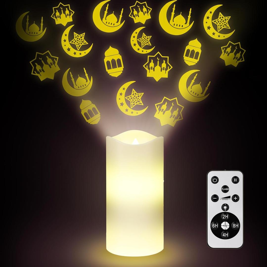Baquler Ramadan Flameless Candles Projector Light Eid Mubarak LED Candle Battery Operated Star Moon Night Light with Remote and Timer Eid Mubarak Electric Gifts Ramadan Decoration for Home Room Decor